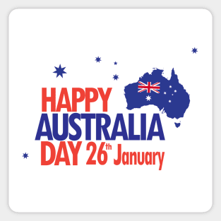 Happy Australia Day 26th January inscription poster with Calligraphy lettering, Australian Flag, Australia Map, stars and fireworks. Patriotic Holiday Sticker